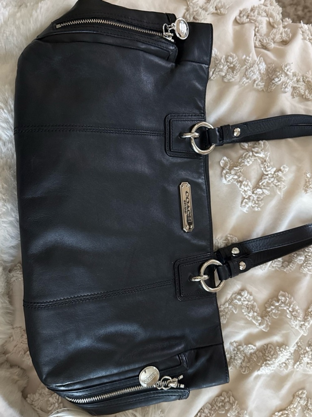Coach Black Leather Double-Handle Shoulder Bag with Silver Hardware